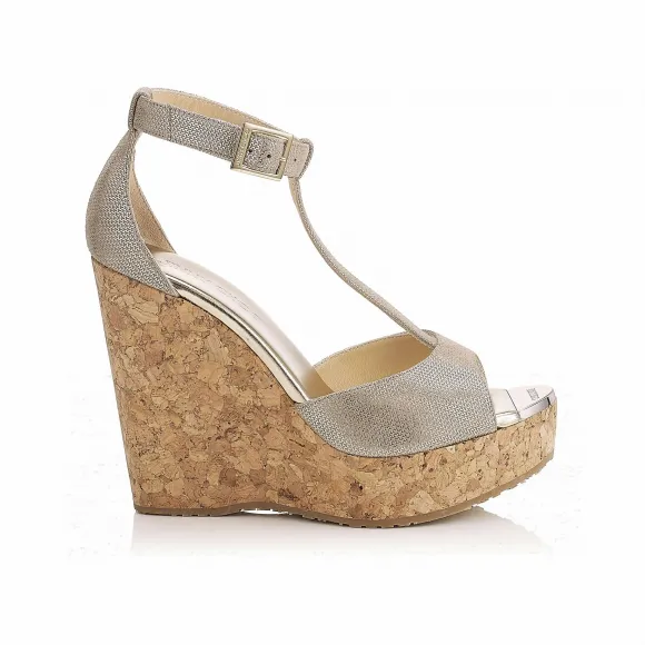 Jimmychoo/吉米周 香槟色金属迷你印花皮革软木坡跟 PELATIL120011