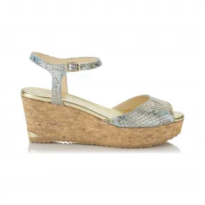 Jimmychoo/吉米周 茶玫瑰色金属浮雕印花皮革软木坡跟鞋 PERLA70KPL111093