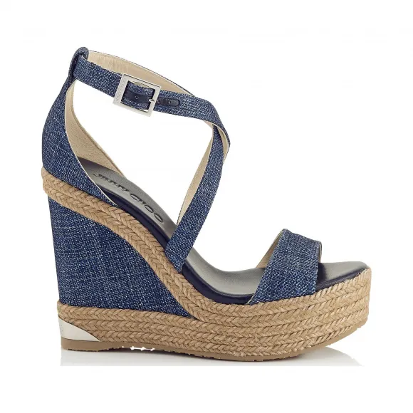 Jimmychoo/吉米周 海军蓝印花金属牛仔布覆盖坡跟凉鞋 PORTIA120DFW040014