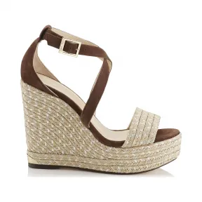 Jimmychoo/吉米周 桃花心木绒面革编织金属细帆布坡跟鞋 PORTIA120DWO026023