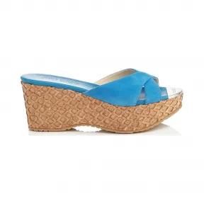 Jimmychoo/吉米周 机器人蓝色绒面革带有激光软木覆盖的坡跟 PRIMADKW041357