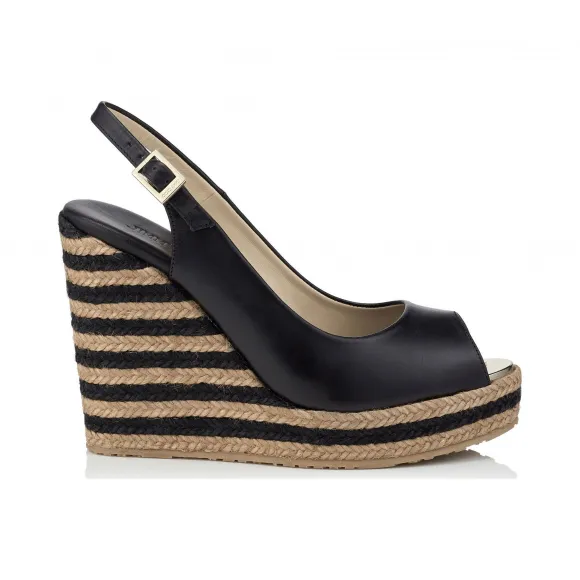 Jimmychoo/吉米周 黑色Vachetta皮革鱼嘴趾坡跟鞋 PROVAVBD010003