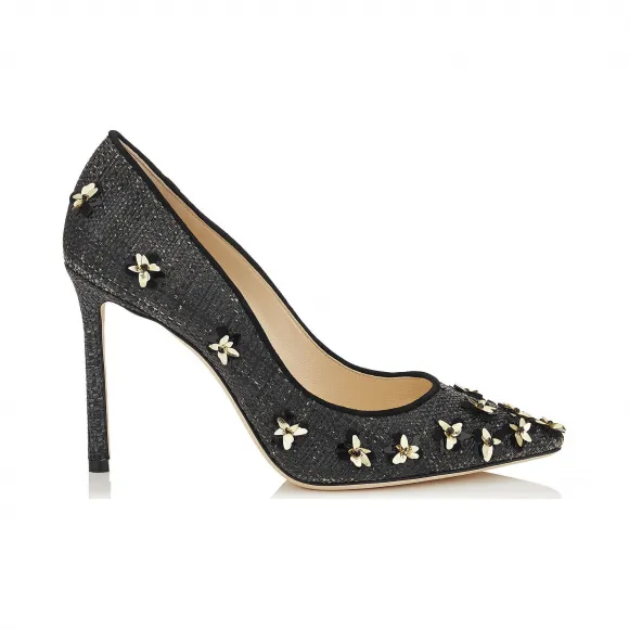 Jimmychoo/吉米周 黑色Raffia尖头浅口浅口鞋上的Paillettes ROMY100YRF000034