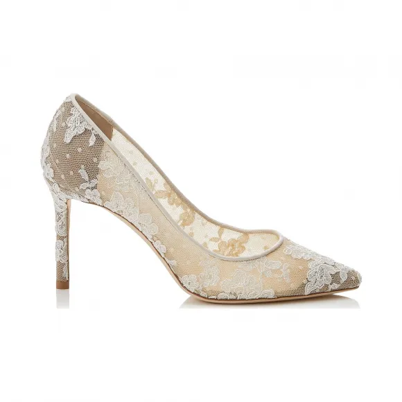 Jimmychoo/吉米周 象牙色花卉蕾丝尖头高跟鞋  ROMY85ORE080002