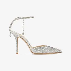 Jimmychoo/吉米周 SAEDA100-水晶装饰象牙白色缎面高跟鞋 SAEDA100BAM000784