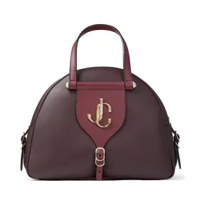 Jimmychoo/吉米周 JC 品牌 logo 款波尔多酒红色牛皮拼植鞣皮保龄球包 VARENNEBOWLINGMAFV060836