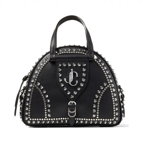 Jimmychoo/吉米周 金色品牌 logo 和铆钉饰黑色牛皮拼植鞣皮保龄球包  VARENNEBOWLINGSLGH010003