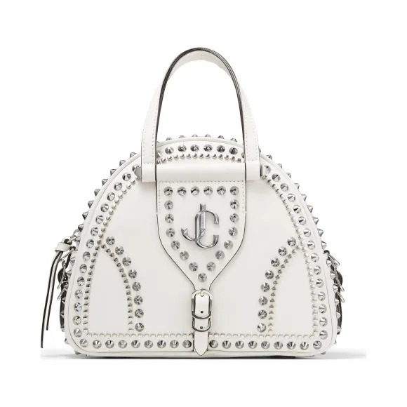 Jimmychoo/吉米周 金色品牌 logo 和铆钉饰拿铁色牛皮拼植鞣皮保龄球包  VARENNEBOWLINGSLGH080258