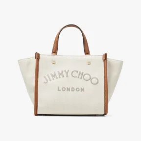 Jimmychoo/吉米周 AVENUE TOTE BAG/S-自然色再生棉质帆布拼暗棕褐色柔软亮面小牛皮logo款托特包 VARENNETOTEBAGSRBJ0C9496