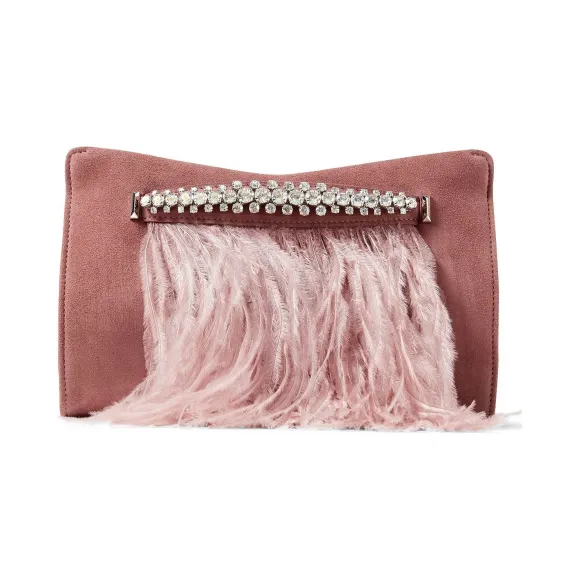 Jimmychoo/吉米周 鸵鸟毛饰绯红色麂皮手拿包  VENUSPKQ110003