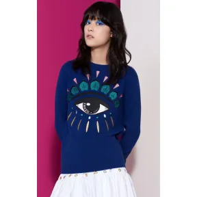 凯卓/Kenzo 女士 深蓝色 开衫 缀饰眼睛毛衣 F752TO4313XD.77.L