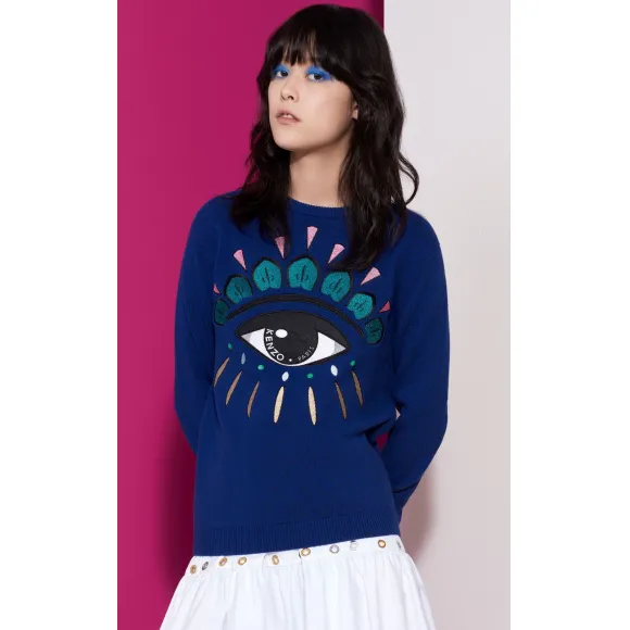 凯卓/Kenzo 女士 深蓝色 开衫 缀饰眼睛毛衣 F752TO4313XD.77.L