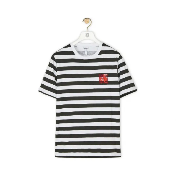罗意威/Loewe Stripe T-Shirt Loewe Dodo Embroidered白色/黑色 H6109650CR