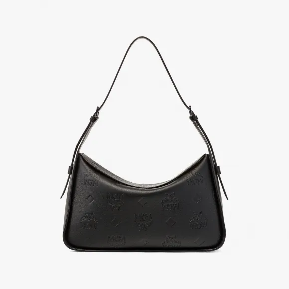 MCM Aren 横向翻盖压纹花押字皮革 Hobo 月牙包 MWHDSTA02BK001