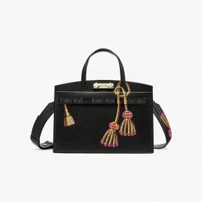 MCM Upcycling Project Milano手绘珠宝流苏图案羊皮手提包 MWTCSUP01BK001