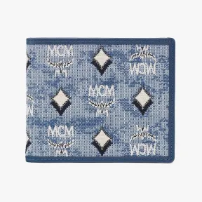 MCM 藍色 | BLUE Aren 复古花押字缇花两折式钱包 MXSCATA01LU001