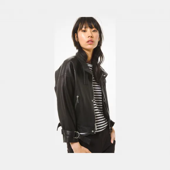 迈克高仕/Michael Kors 女士 黑色 短款机车皮衣