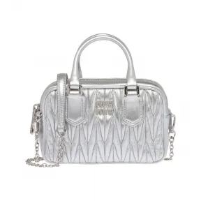 缪缪/Miu Miu 银色 Matelassé 软羊革迷你保龄球包 5BP077-N88-F0118