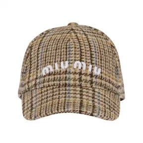 缪缪/Miu Miu 可可棕 格纹设得兰羊毛棒球帽 5HC179-1V7U-F0324