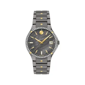 摩凡陀/Movado 摩凡陀撼动系列腕表 灰色不锈钢表壳 黄金色珍珠母贝表盘。配备耐腐蚀表圈、日历视窗、瑞士Super-LumiNova夜光涂层指针和时标 0607542