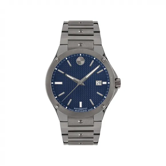 摩凡陀/Movado 摩凡陀撼动系列自动腕表 灰色不锈钢表壳 蓝色表盘 蓝宝石玻璃表镜 瑞士Super-LumiNova夜光涂层指针/时标。 0607553