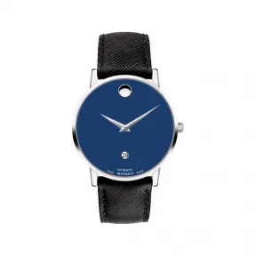 摩凡陀/Movado 摩凡陀博物馆系列自动腕表 黑色皮革表带 蓝色表盘 透过底盖可欣赏自动机芯 0607565