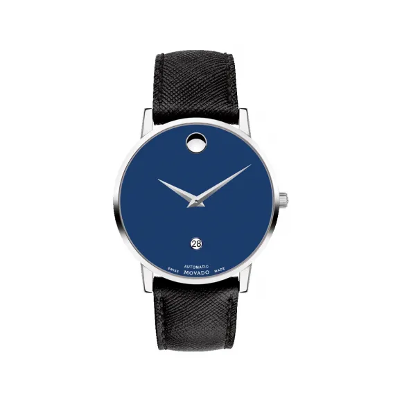 摩凡陀/Movado 摩凡陀博物馆系列自动腕表 黑色皮革表带 蓝色表盘 透过底盖可欣赏自动机芯 0607565