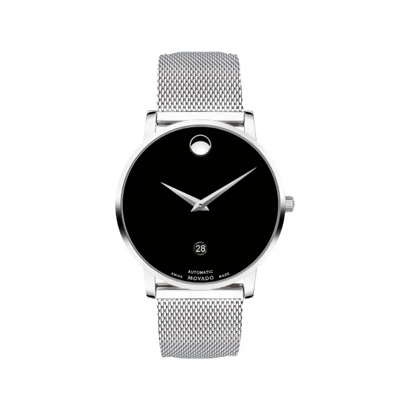 摩凡陀/Movado 摩凡陀博物馆系列自动腕表 不锈钢表壳 编织表链 黑色表盘 透过底盖可欣赏自动机芯 0607567