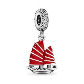 潘多拉/Pandora 中式帆船串饰, 帆船爱好者礼物, 潘多拉925银串饰, 红色帆船串饰, 透明宝石串饰 791908EN0
