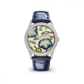 百达翡丽/Patek Philippe 珍稀工艺系列 37MM 18k白金，表圈和表耳镶嵌112颗明亮式切割顶级威塞尔顿钻石（约0.8克拉） 自动机械 女表 5077-100G-034