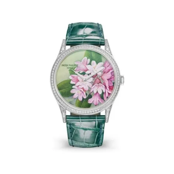 百达翡丽/Patek Philippe 珍稀工艺系列 37MM 18k白金，表圈和表耳镶嵌112颗明亮式切割顶级威塞尔顿钻石（约0.8克拉） 自动机械 女表 5077-100G-035