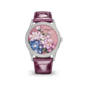 百达翡丽/Patek Philippe 珍稀工艺系列 37MM 18k白金，表圈和表耳镶嵌112颗明亮式切割顶级威塞尔顿钻石（约0.8克拉） 自动机械 女表 5077-100G-036