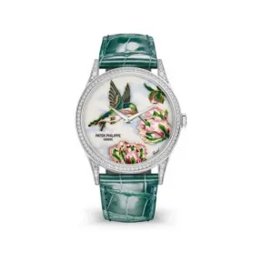 百达翡丽/Patek Philippe 珍稀工艺系列 37MM 18k白金，表圈和表耳镶嵌了112颗明亮式切割顶级威塞尔顿钻石（约0.8克拉） 自动机械 女表 5077-100G-042