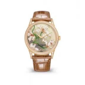 百达翡丽/Patek Philippe 珍稀工艺系列 37MM 18k玫瑰金，表圈和表耳镶嵌112颗明亮式切割顶级威塞尔顿钻石（约0.8克拉） 自动机械 女表 5077-100R-036