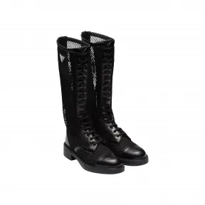 普拉达/Prada 亮面皮革和网眼织物长靴 1W907M-3LK5-F0002-F-B050