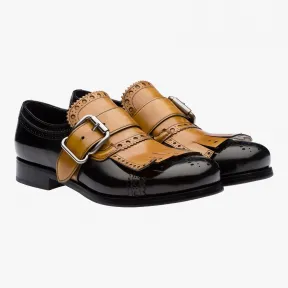 普拉达/Prada 黑色+浅棕褐色  皮鞋 2OG056 3H9D F040F