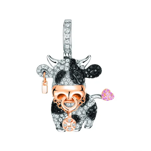 麒麟/qeelin Niu Bo Bo 18K白金吊坠, 黑钻石及粉红蓝宝石吊坠 全球限量发售 BBC-020-PD-OX