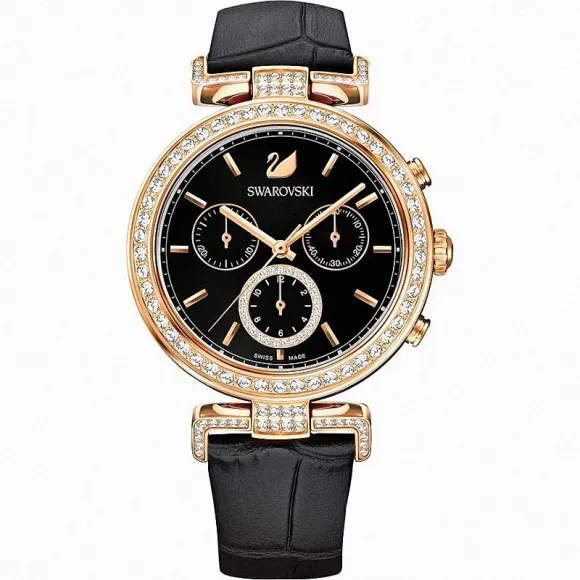 施华洛世奇/Swarovski 手表 Era Journey 腕表, 真皮表带, 黑色, 玫瑰金色调 5295320