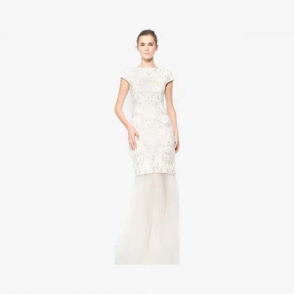  绣花蕾丝网纱可脱卸鱼尾晚礼服 APB2186LXH-IVORY