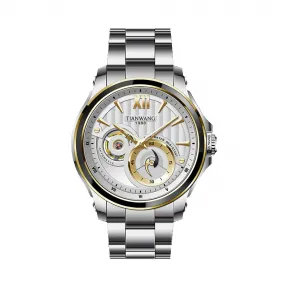 天王/Tianwang 不锈钢表壳，不锈钢圈口间电金色外加黑色陶瓷圈口，不锈钢把的，不锈钢螺丝透视底。  创系列 自动机械  GS51052CTB.D.S.S-2