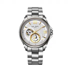 天王/Tianwang 锈钢表壳，不锈钢圈口间电金色外加黑色陶瓷圈口，不锈钢把的，不锈钢螺丝透视底  创系列 自动机械  GS51052CTB.D.S.S