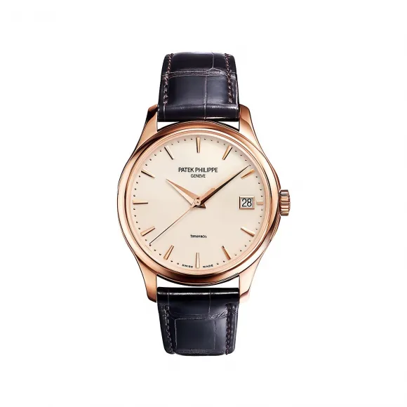 蒂芙尼/Tiffany 百达翡丽 Calatrava 男士手表，18k 玫瑰金，皮革表带。 31723213 