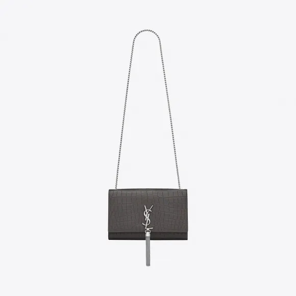 伊夫圣罗兰/Yves Saint laurent 经典中号kate monogram深灰黑色鳄鱼压花皮革流苏挎包  354119