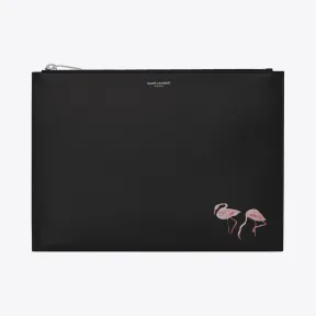 伊夫圣罗兰/Yves Saint laurent SAINT LAURENT PARIS黑色真皮火烈鸟图案拉链平板电脑包  39