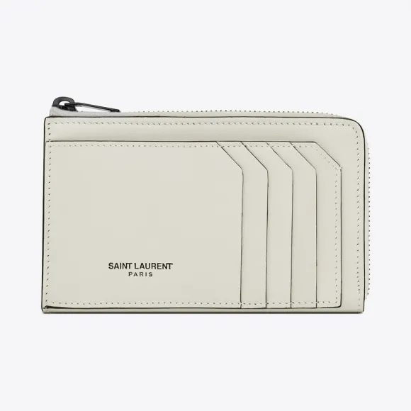 伊夫圣罗兰/Yves Saint laurent 经典 fragments 鸽白色真皮和黑色闪亮装饰拉链式钥匙袋 456154B