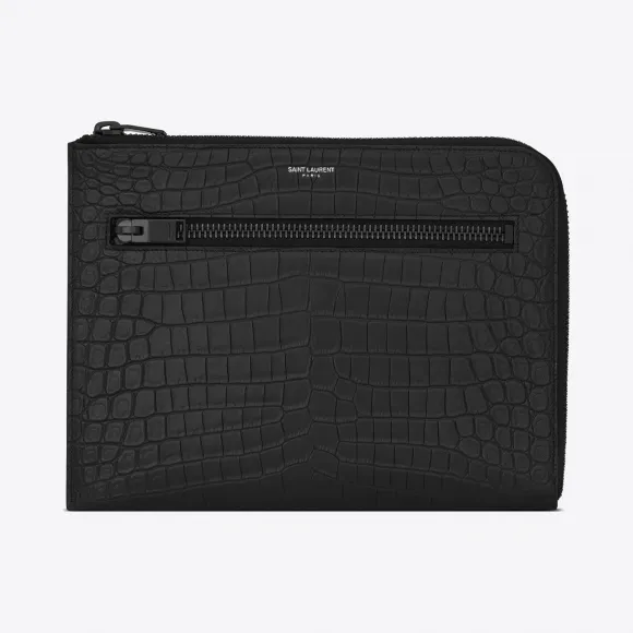 伊夫圣罗兰/Yves Saint laurent SAINT LAURENT PARIS黑色鳄鱼压花真皮多拉链平板电脑包  47