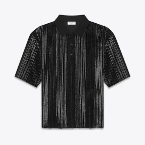伊夫圣罗兰/Yves Saint laurent 黑色丝绒及黑色和银色闪亮宽松版型条纹POLO衫 480395YB1GZ1078