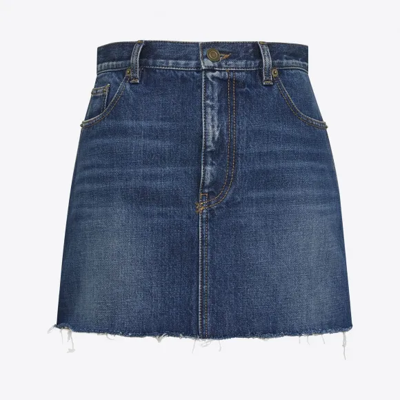伊夫圣罗兰/Yves Saint laurent 深蓝色牛仔布非对称下摆刺绣裙 480704Y883L4963