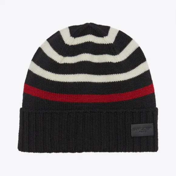 伊夫圣罗兰/Yves Saint laurent MARIN黑色和白色针织羊毛针织帽 4826514Y2061078