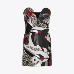 伊夫圣罗兰/Yves Saint laurent 多色真皮、蛇皮、蟒蛇皮和鳄鱼皮组合汽车拼接图案的鸡心领迷你裙 484043YC